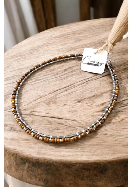 Hakiki Kaplan Gözü & Hematit Taşlı 925 Ayar Gümüş Ikili Erkek Kolye