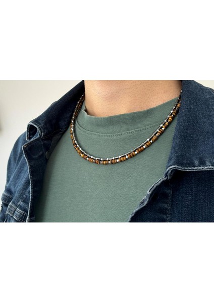 Hakiki Kaplan Gözü & Hematit Taşlı 925 Ayar Gümüş Ikili Erkek Kolye fiyatları