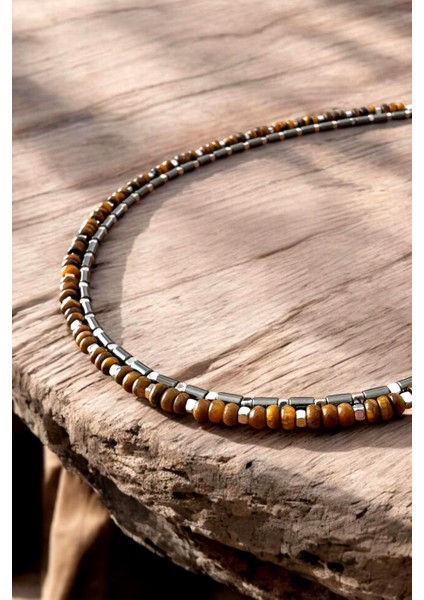 Hakiki Kaplan Gözü & Hematit Taşlı 925 Ayar Gümüş Ikili Erkek Kolye modelleri