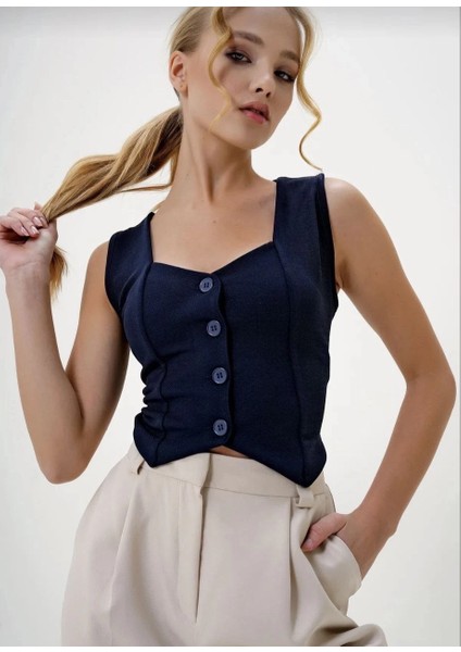 Krep Kumaş Düğmeli Yelek Lacivert S3395 modelleri