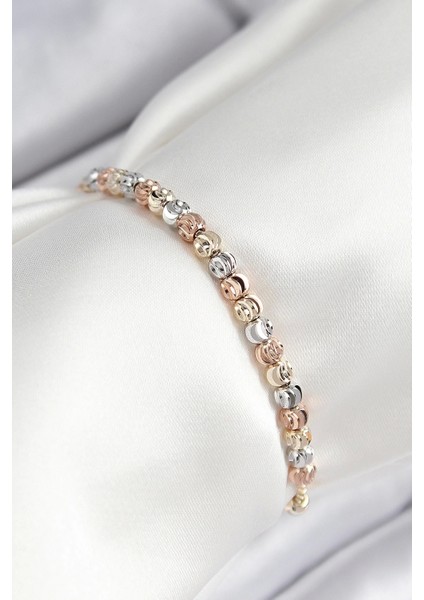 Pirinç Sıralı Boncuk Model Gold Gümüş Roz Renk Asansörlü Kadın Bileklik