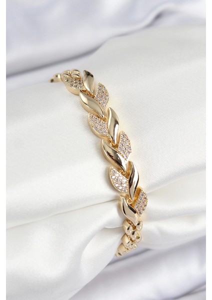 Pirinç Zirkon Taşlı Balık Kuyruğu Model Gold Renk Kadın Bileklik