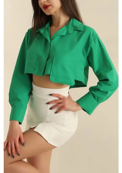 Poplin Crop Gömlek Yeşil S3060 fiyatları