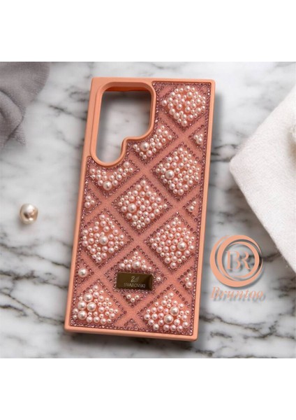 Samsung Galaxy S23 Ultra Taşlarla Süslenmiş Kılıf Inci Boncuk Plaid Kapak .