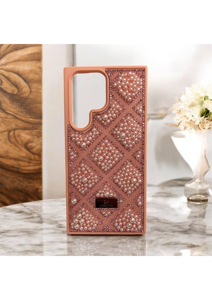 Samsung Galaxy S23 Ultra Taşlarla Süslenmiş Kılıf Inci Boncuk Plaid Kapak .