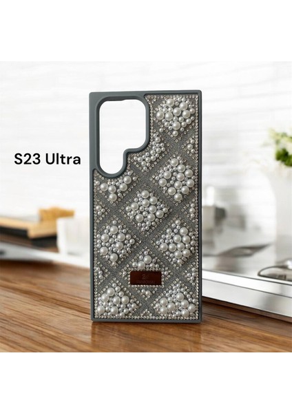 Samsung Galaxy S23 Ultra Taşlarla Süslenmiş Kılıf Inci Boncuk Plaid Kapak .