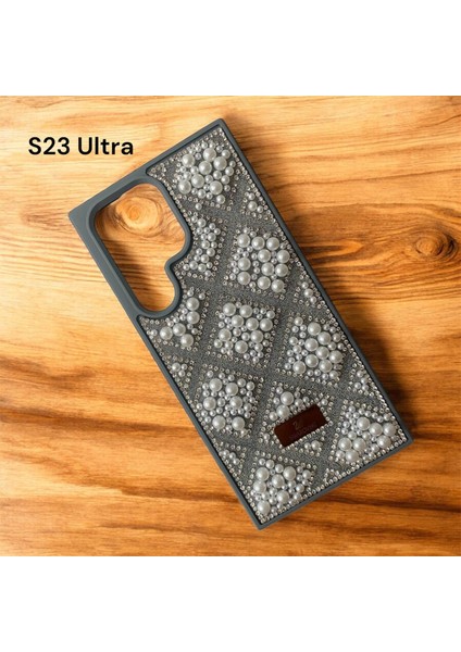 Samsung Galaxy S23 Ultra Taşlarla Süslenmiş Kılıf Inci Boncuk Plaid Kapak .