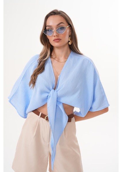 Önden Bağlamalı Müslin Bolero Açık Mavi