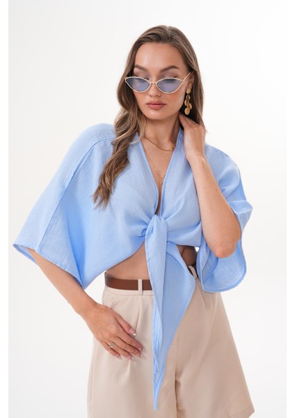 Önden Bağlamalı Müslin Bolero Açık Mavi modelleri