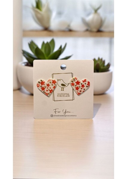 Silvestra “golden Stripe Heart” 24 Ayar Altın Detaylı Porselen Küpe