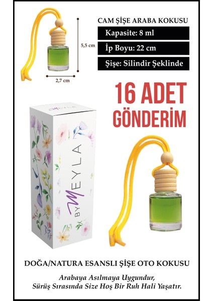 16 Adet Doğa Nature Esans Aromalı Cam Şişeli Oto Kokusu ve Dikiz Aynası Aksesuarı