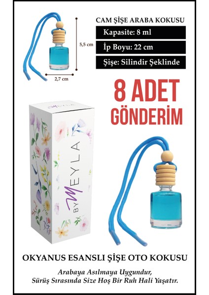 8 Adet Okyanus Esans Aromalı Cam Şişeli Oto Kokusu ve Dikiz Aynası Aksesuarı