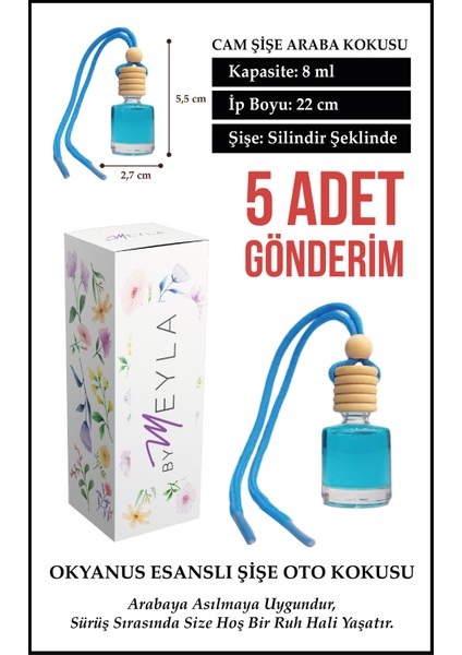 5 Adet Okyanus Esans Aromalı Cam Şişeli Oto Kokusu ve Torpido Aksesuarı
