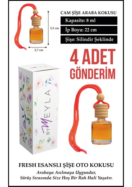 4 Adet Fresh Esans Aromalı Cam Şişeli Oto Kokusu ve Dikiz Aynası Aksesuarı