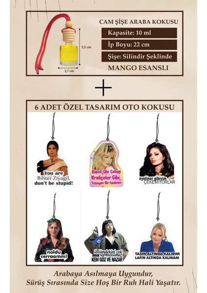 Havalı Kadınlar 6 Adet Özel Tasarım (Cam Şişe Mango Esans Hediyeli) Oto Kokusu ve Aksesuarı