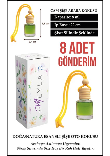 8 Adet Doğa Nature Esans Aromalı Cam Şişeli Oto Kokusu ve Dikiz Aynası Aksesuarı