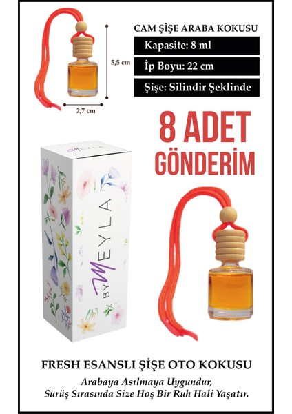 8 Adet Fresh Esans Aromalı Cam Şişeli Oto Kokusu ve Dikiz Aynası Aksesuarı