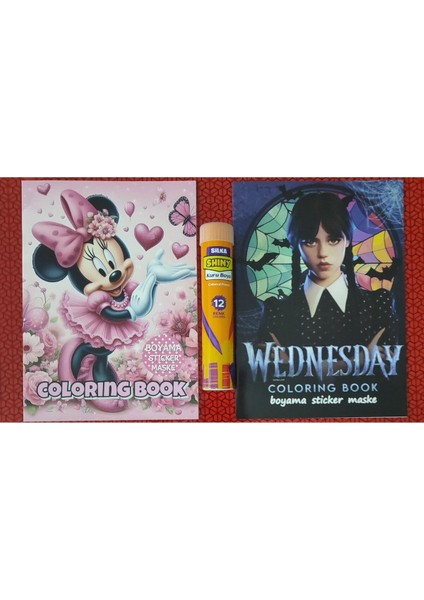 2 Adet Stickerli Boyama Kitabı ve 12 Li Tüp Kuru Boya Kalemi (Minnie/wednesday-A )