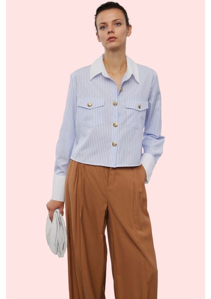 Kadın Çizgili Dokuma Gömlek Yaka Düğmeli Cepsiz Rahat Günlük Kullanım Yaz Aylarının Vazgeçilmezi fiyatları