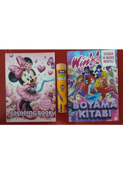 2 Adet Stickerli Boyama Kitabı ve 12 Li Tüp Kuru Boya Kalemi (Minnie/winx )