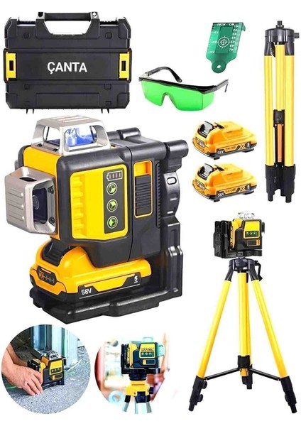 Çift Batarya 12 Işıklı 360° Lazer Metre Terazi Tripotlu Yüksek Teknoloji ve Süper Kalite Çizgi Hizalama