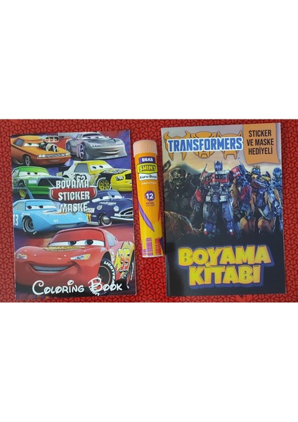 2 Adet Stickerli Boyama Kitabı ve 12 Li Tüp Kuru Boya Kalemi (Arabalar/transformes )