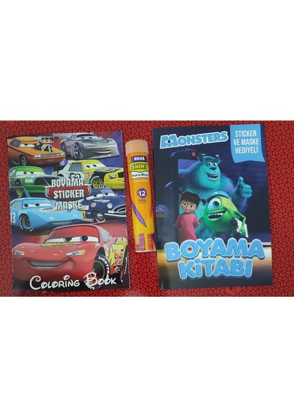 2 Adet Stickerli Boyama Kitabı ve 12 Li Tüp Kuru Boya Kalemi (Arabalar/monters )
