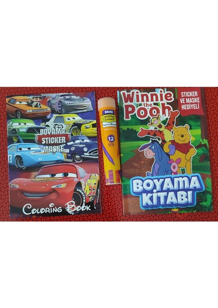 2 Adet Stickerli Boyama Kitabı ve 12 Li Tüp Kuru Boya Kalemi (Arabalar/winnie The Pooh )