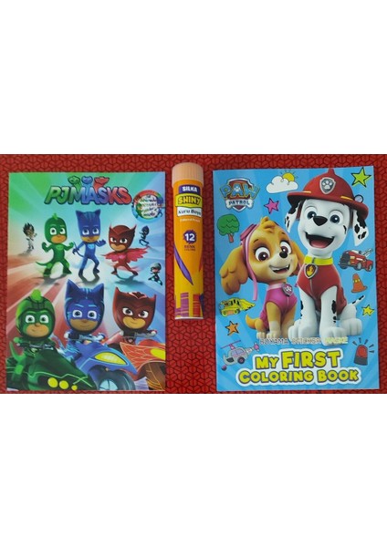 2 Adet Stickerli Boyama Kitabı ve 12 Li Tüp Kuru Boya Kalemi ( Paw Patrol-A-Pijamaske-A)