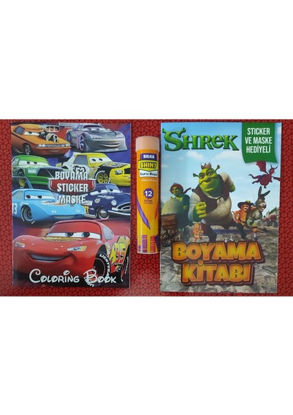2 Adet Stickerli Boyama Kitabı ve 12 Li Tüp Kuru Boya Kalemi (Arabalar/shrek )