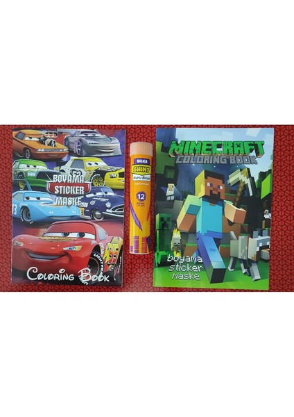 2 Adet Stickerli Boyama Kitabı ve 12 Li Tüp Kuru Boya Kalemi (Arabalar/minecraft-A )