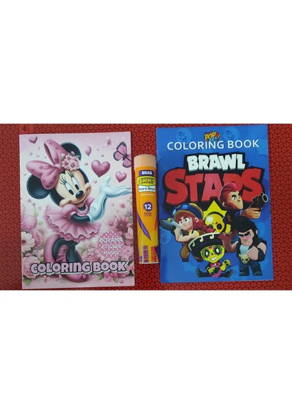 2 Adet Stickerli Boyama Kitabı ve 12 Li Tüp Kuru Boya Kalemi (Minnie/brawlstars-A )