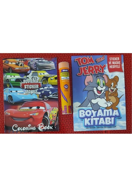 2 Adet Stickerli Boyama Kitabı ve 12 Li Tüp Kuru Boya Kalemi (Arabalar/tom ve Jerry )