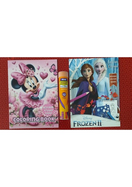 2 Adet Stickerli Boyama Kitabı ve 12 Li Tüp Kuru Boya Kalemi (Minnie/frozen2 )