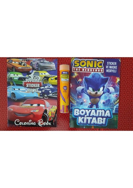2 Adet Stickerli Boyama Kitabı ve 12 Li Tüp Kuru Boya Kalemi (Arabalar/sonic-B )
