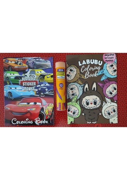2 Adet Stickerli Boyama Kitabı ve 12 Li Tüp Kuru Boya Kalemi (Arabalar/labubu )