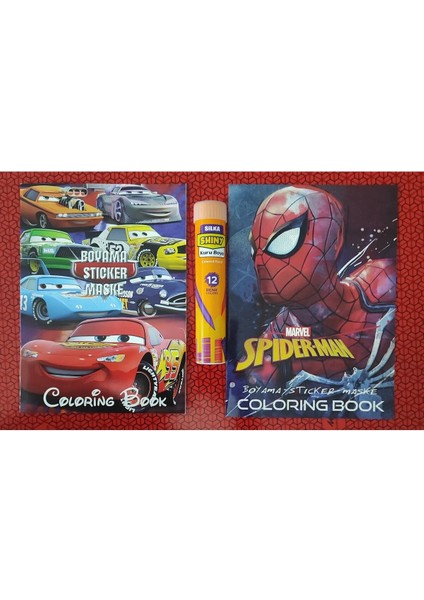 2 Adet Stickerli Boyama Kitabı ve 12 Li Tüp Kuru Boya Kalemi (Arabalar/örümcek A.-A )