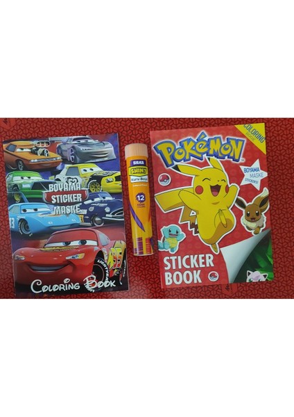 2 Adet Stickerli Boyama Kitabı ve 12 Li Tüp Kuru Boya Kalemi (Arabalar/pocemon-A )