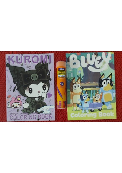 2 Adet Stickerli Boyama Kitabı ve 12 Li Tüp Kuru Boya Kalemi ( Kuromi-A/bluey-A)