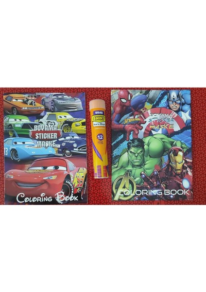 2 Adet Stickerli Boyama Kitabı ve 12 Li Tüp Kuru Boya Kalemi (Arabalar/süper Kahramanlar )