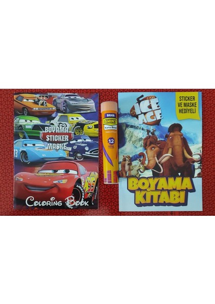 2 Adet Stickerli Boyama Kitabı ve 12 Li Tüp Kuru Boya Kalemi (Arabalar/buz Devri )