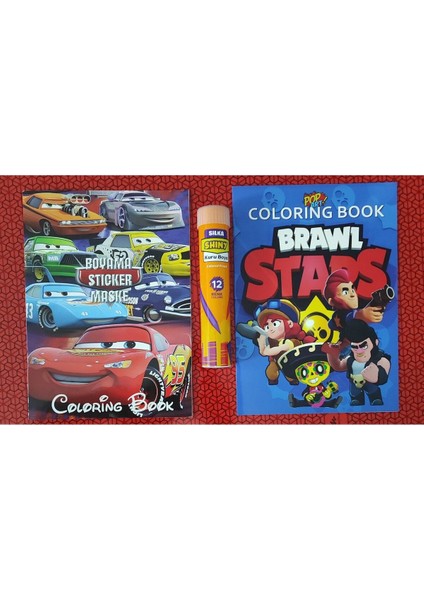 2 Adet Stickerli Boyama Kitabı ve 12 Li Tüp Kuru Boya Kalemi (Arabalar/brawlstars-A )