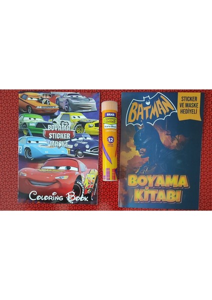 2 Adet Stickerli Boyama Kitabı ve 12 Li Tüp Kuru Boya Kalemi (Arabalar/batman )