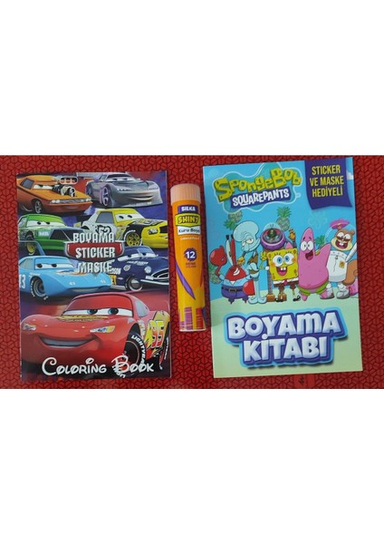 2 Adet Stickerli Boyama Kitabı ve 12 Li Tüp Kuru Boya Kalemi (Arabalar/sünger Bob )