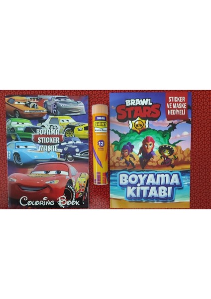 2 Adet Stickerli Boyama Kitabı ve 12 Li Tüp Kuru Boya Kalemi (Arabalar/brawlstars-B )
