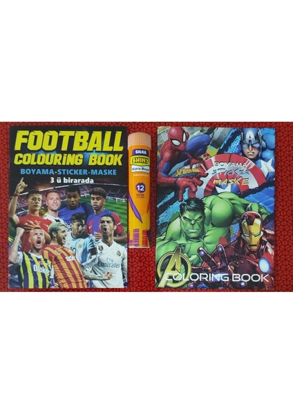 2 Adet Stickerli Boyama Kitabı ve 12 Li Tüp Kuru Boya Kalemi ( Futbolcular-Süper Kahramanlar )