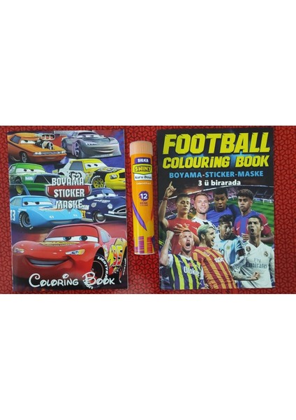 2 Adet Stickerli Boyama Kitabı ve 12 Li Tüp Kuru Boya Kalemi (Arabalar/futbolcular )