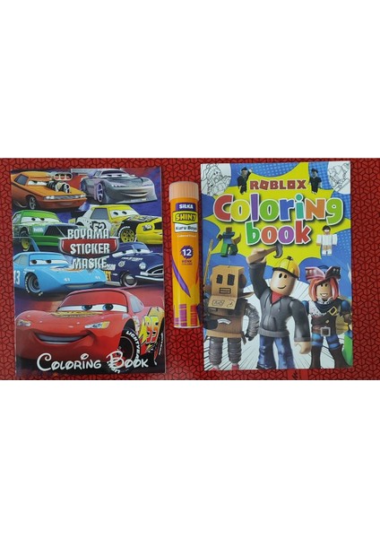 2 Adet Stickerli Boyama Kitabı ve 12 Li Tüp Kuru Boya Kalemi (Arabalar/roblox )