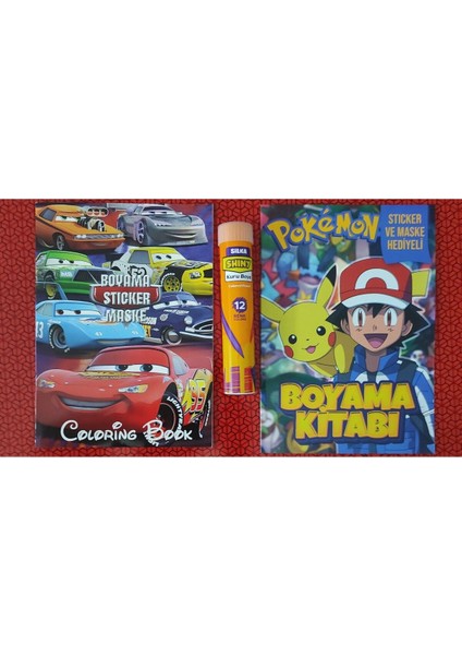 2 Adet Stickerli Boyama Kitabı ve 12 Li Tüp Kuru Boya Kalemi (Arabalar/pocemon-B )