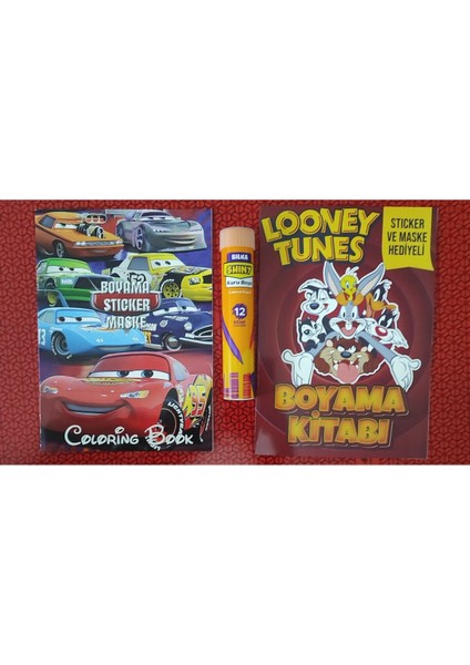 2 Adet Stickerli Boyama Kitabı ve 12 Li Tüp Kuru Boya Kalemi (Arabalar/looney Tunes )